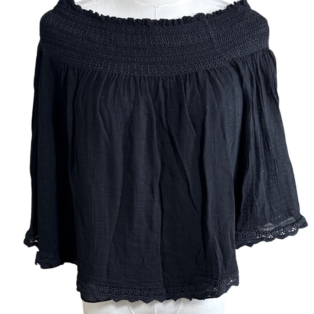Zara Trafaluc Black Off The Shoulder Smocked Lace Trim Blouse XS